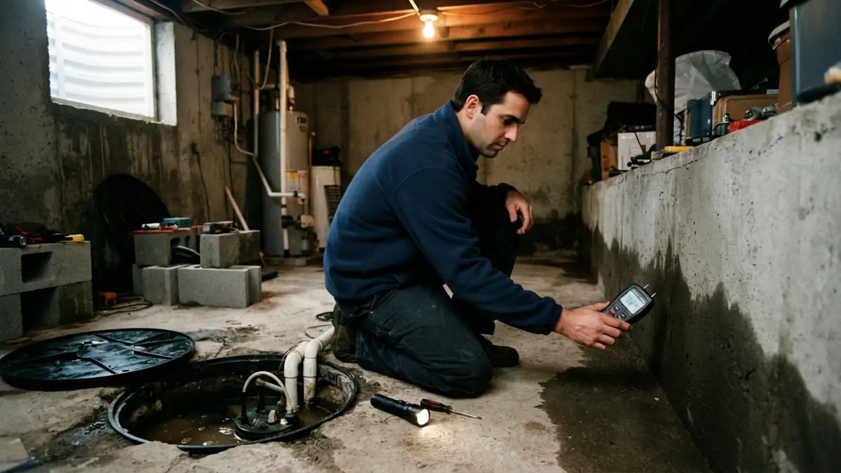 Technician holding a moisture meter to a damp concrete basement wall beside an open sump pit - Leak Detection in Lake in the Hills