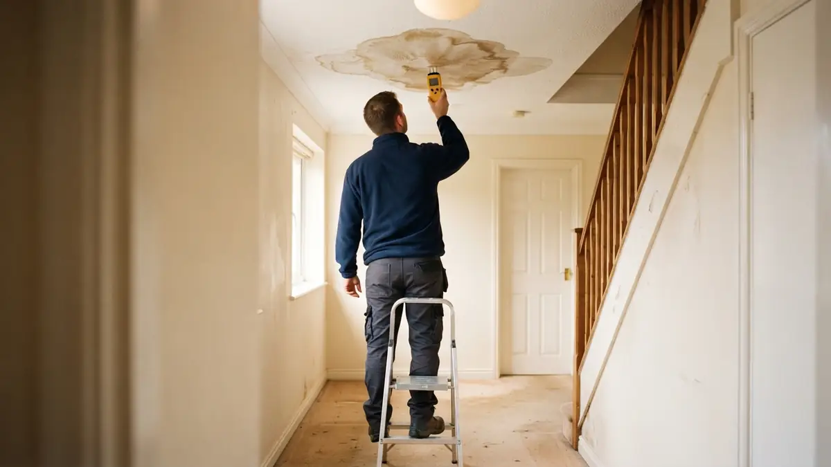 Technician on a stepladder holding a moisture meter to a brown water stain on a hallway ceiling - Leak Detection in Bellchase