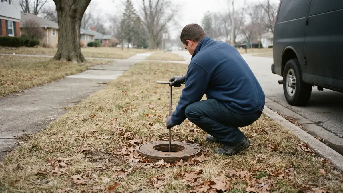 Technician crouching at a cast-iron curb-box lid in a grassy parkway with a long key, fallen oak leaves around it - Leak Detection in Lake in the Hills