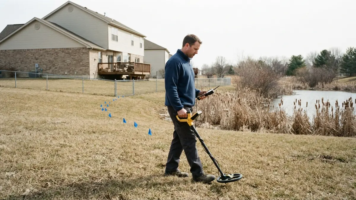 Technician sweeping a pipe locator across a dormant backyard lawn with blue marker flags in a line behind him