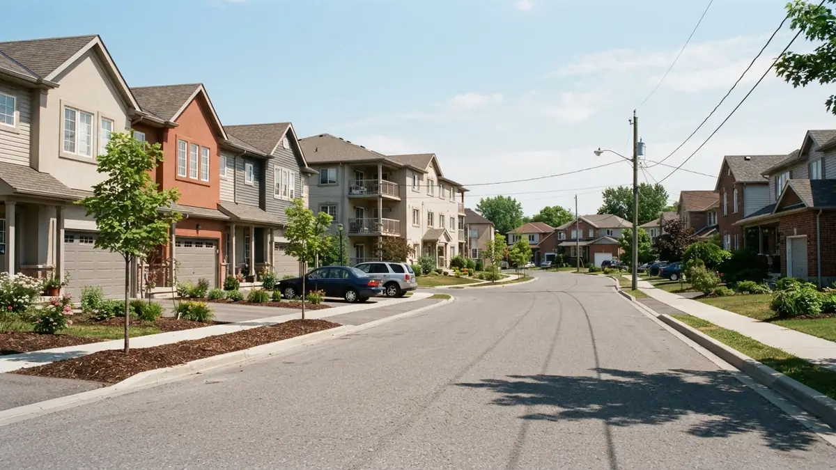 Townhouses with paired garage doors beside a condominium building and single-family houses on a mixed street - Leak Detection in Bellchase