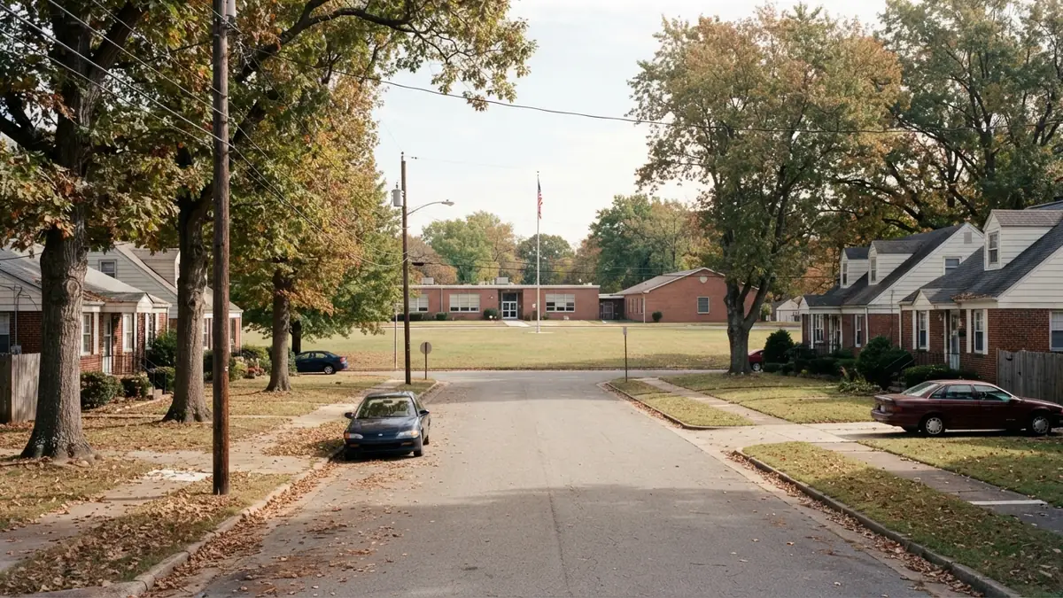 Single-family houses with mature trees on a quiet street leading to a brick elementary school with a flagpole - Leak Detection in Big Sky