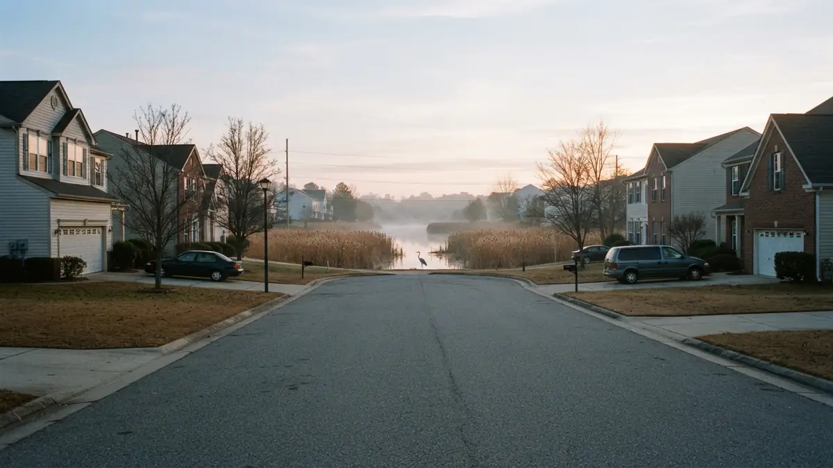 Two-story houses on a quiet street that ends at a cattail marsh where a heron stands in the shallows at sunrise - Leak Detection in Heron Bay
