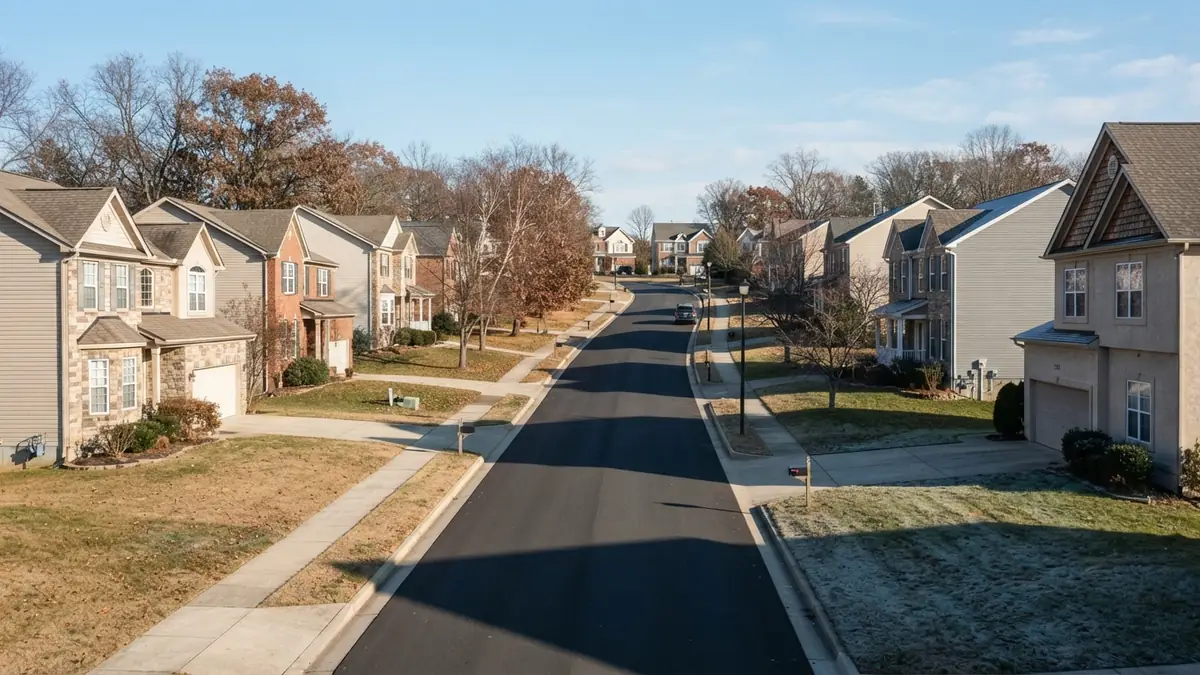 Two-story houses in varied designs along a street rising gently over a low swell with frost in the shade on the lawns - Leak Detection in Summit Ridge