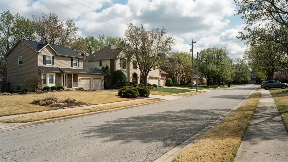 Late-1990s houses of different sizes along a wide curving street under scattered clouds - Leak Detection in Sumner Glen