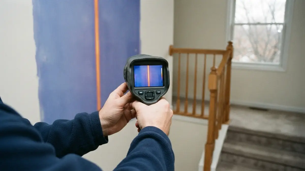 Thermal imaging camera showing a warm vertical line in a drywall wall beside a staircase in a suburban home - Leak Detection in Lake in the Hills