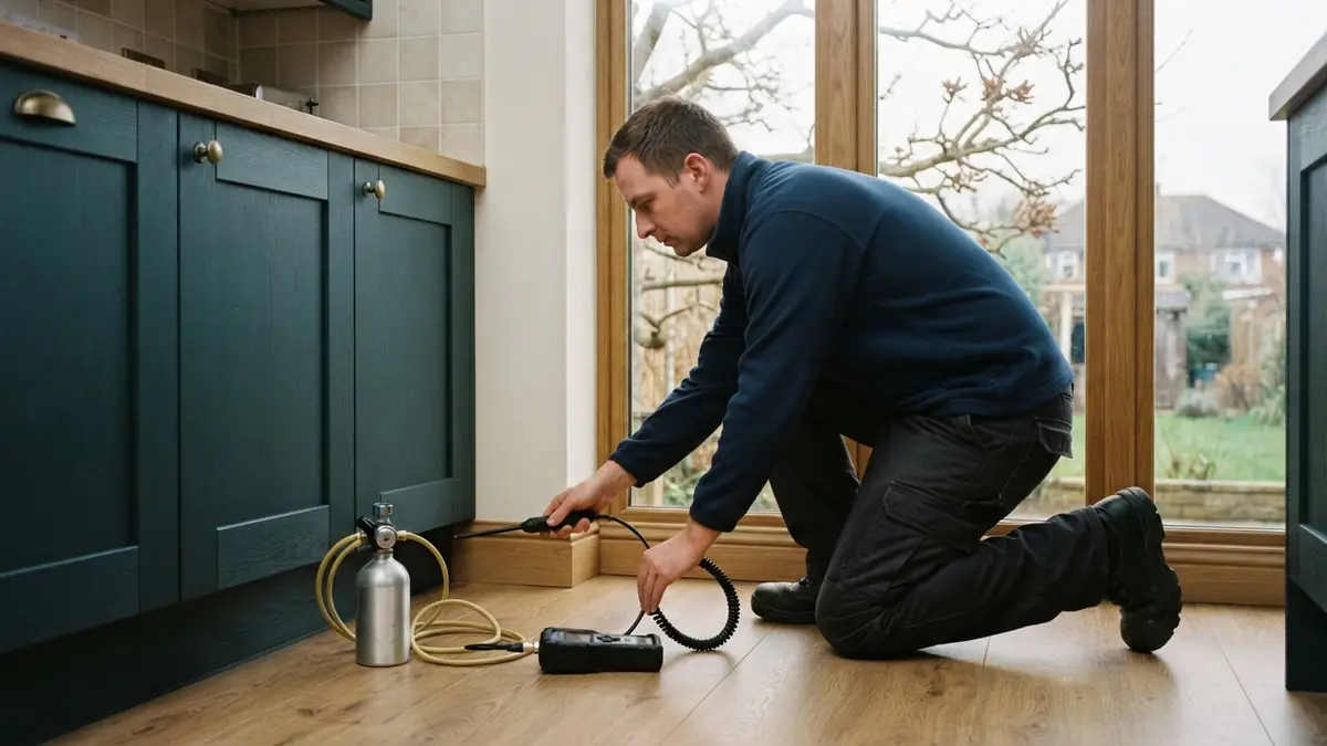 Technician kneeling in a kitchen holding a tracer-gas sniffer probe against the baseboard